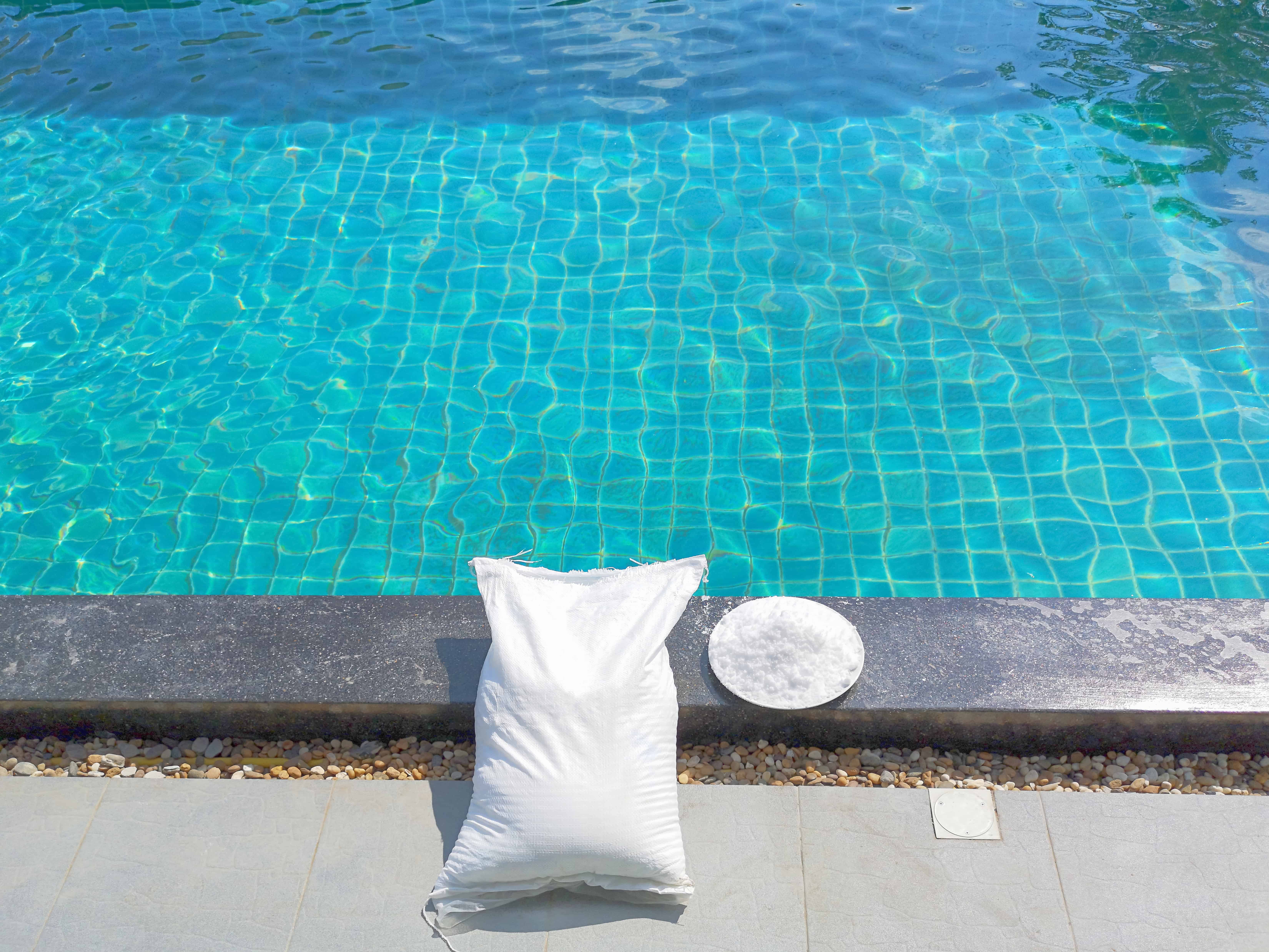 Salt is typically sold in varying bag sizes and can be dumped directly into the pool with the pump running.